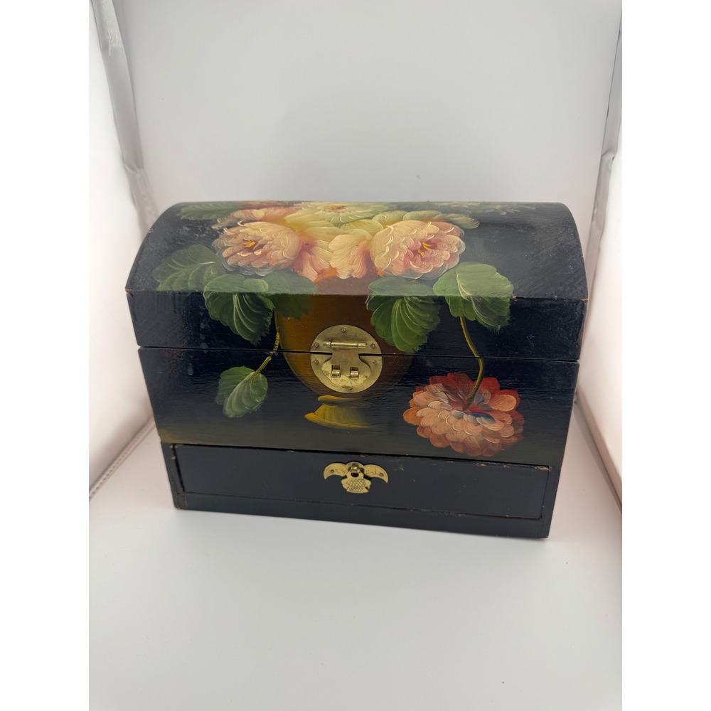 Vintage Hand Painted Floral Wooden Jewelry Boxโ Black Domed Lid Drawer Lined